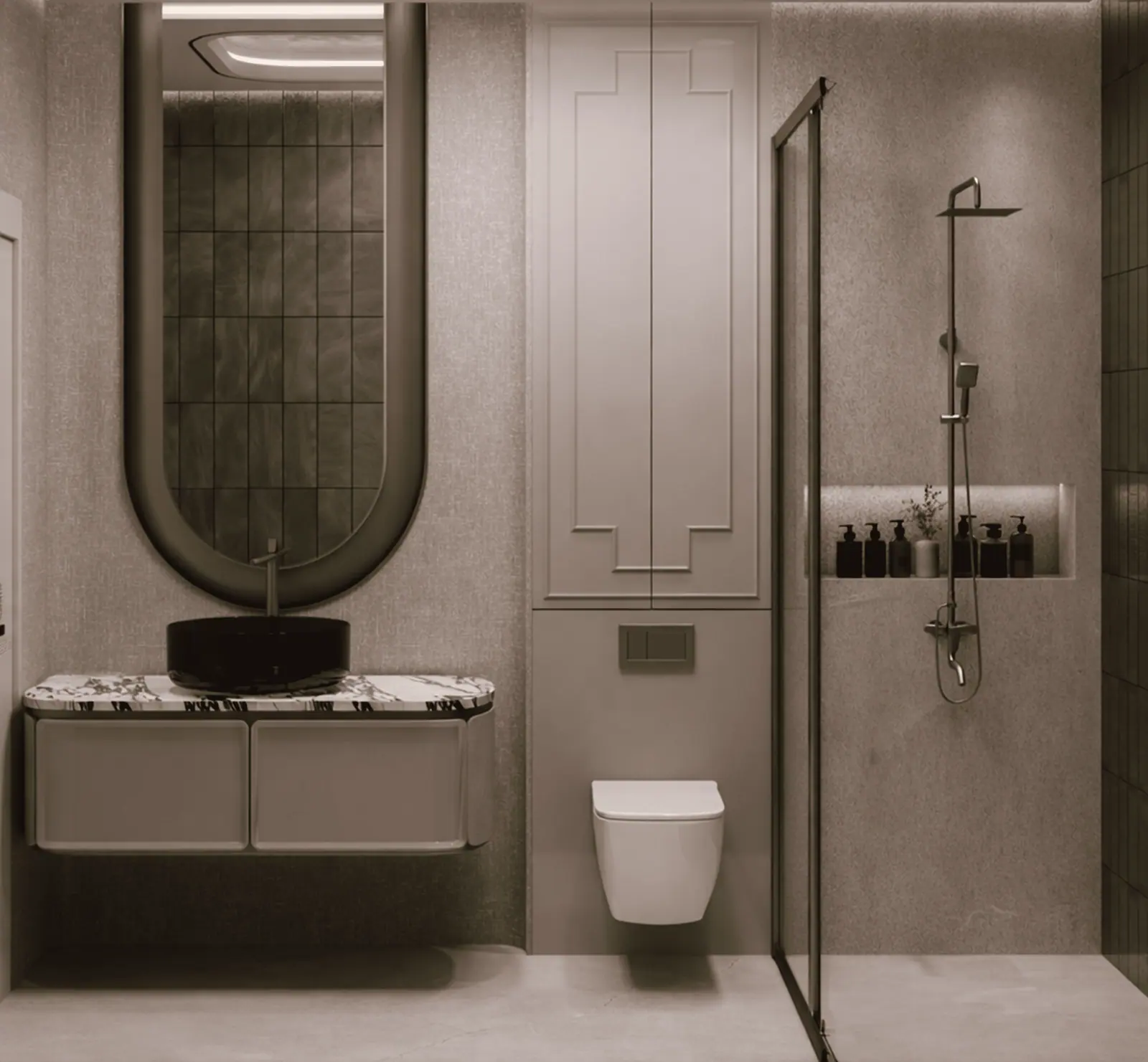 Banyo: gömme rezervuar, niş raf ve duş alanı — Florya Anahtar Teslim İnşaat, Florya, İstanbul