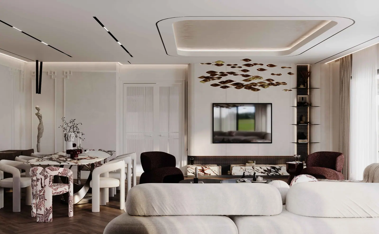 Salon ve yemek alanı, dekoratif asma tavan — Florya Konut Projesi II, Florya, İstanbul