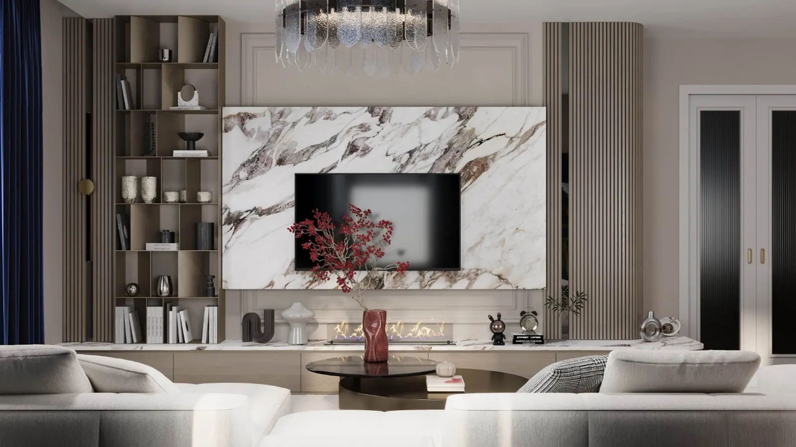 Mermer TV duvarlı salon — Tema 2 Konut Projesi, Halkalı, İstanbul