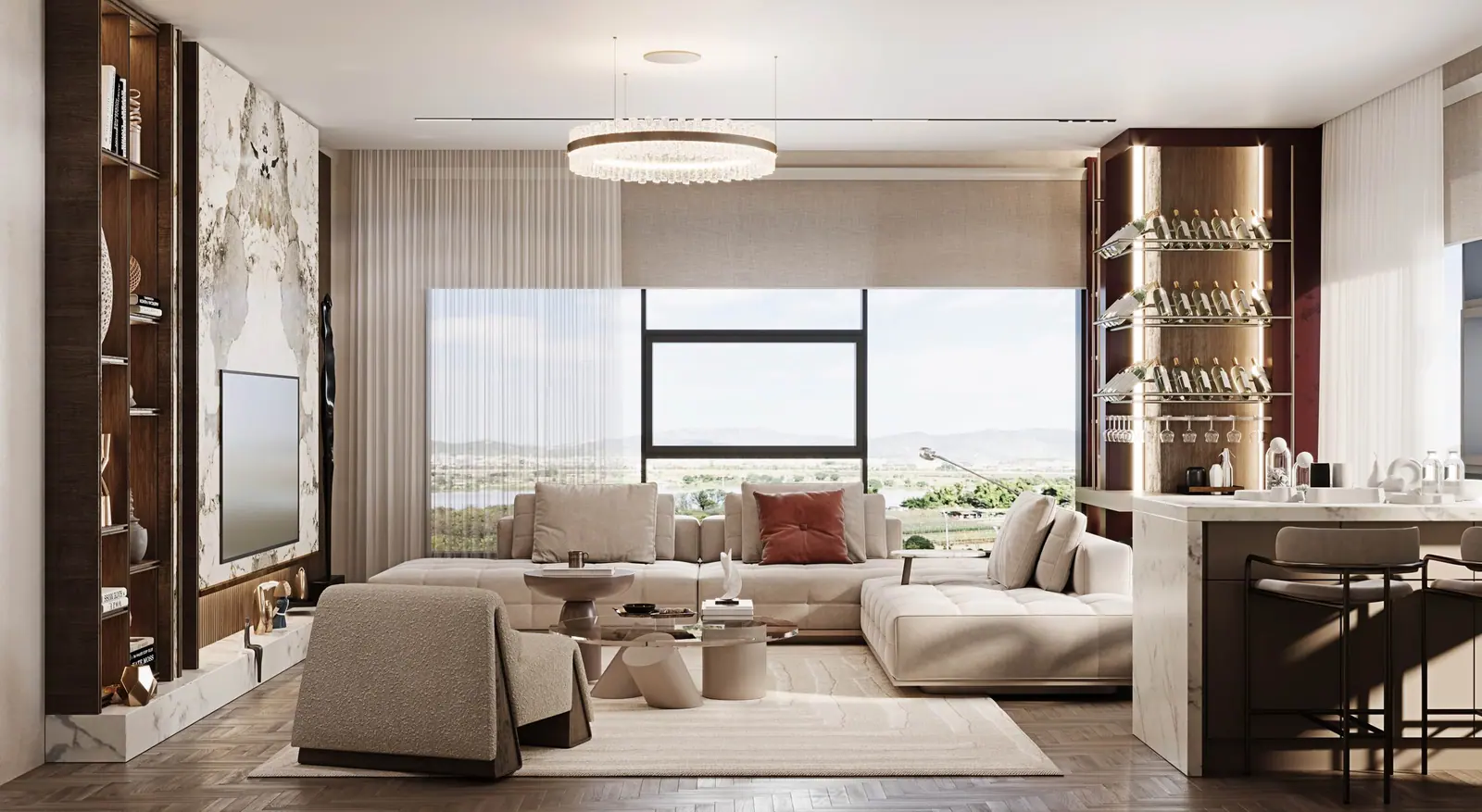 Geniş pencereli salon ve oturma grubu — Yalı Ataköy II, Bakırköy, İstanbul