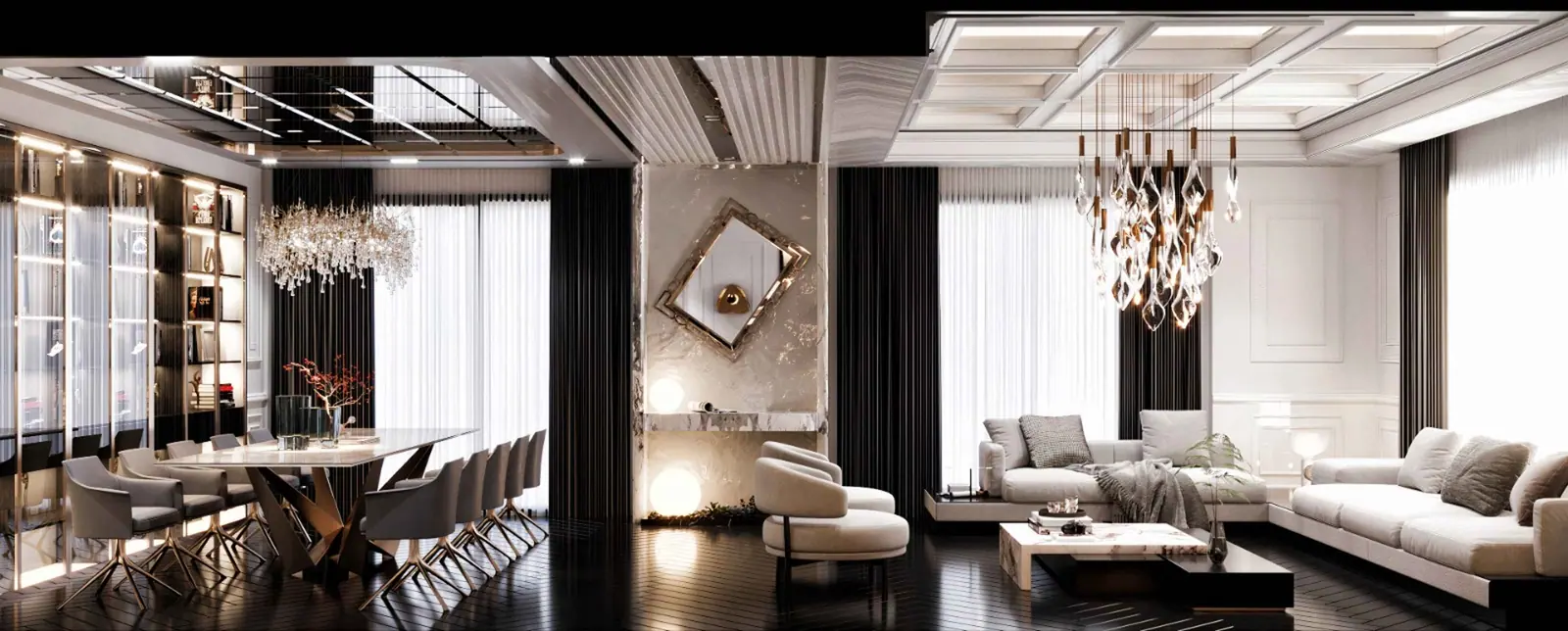 Salon ve yemek alanı, sarkıt avize aydınlatması — Yedimavi / İstanbul, Zeytinburnu, İstanbul